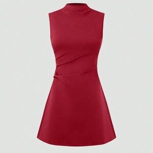 Sleeveless Mock Neck A-Line Dress in Deep Red